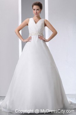 Beaded Decorate Waist V-neck Satin and Organza Wedding Gowns