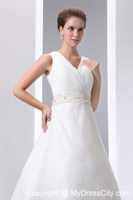 Beaded Decorate Waist V-neck Satin and Organza Wedding Gowns