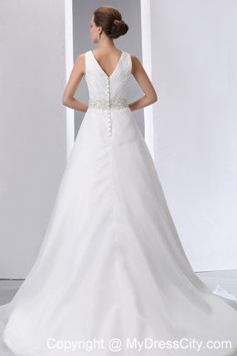 Beaded Decorate Waist V-neck Satin and Organza Wedding Gowns