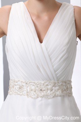 Beaded Decorate Waist V-neck Satin and Organza Wedding Gowns