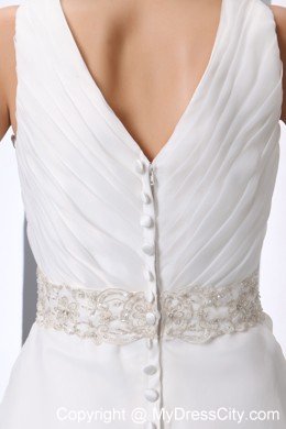 Beaded Decorate Waist V-neck Satin and Organza Wedding Gowns