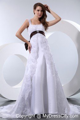 Straps Taffeta and Lace Beading Wedding Dress with Brown Sash