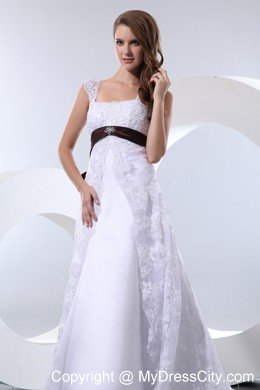 Straps Taffeta and Lace Beading Wedding Dress with Brown Sash