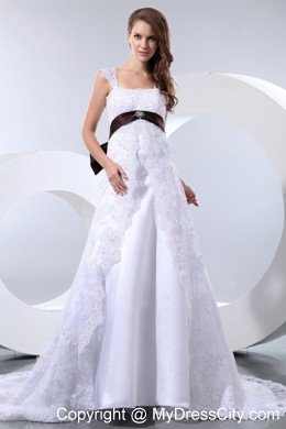 Straps Taffeta and Lace Beading Wedding Dress with Brown Sash