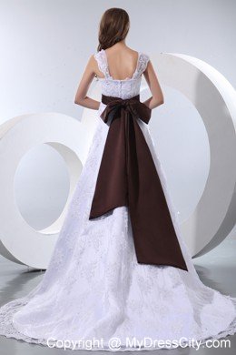 Straps Taffeta and Lace Beading Wedding Dress with Brown Sash