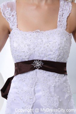 Straps Taffeta and Lace Beading Wedding Dress with Brown Sash