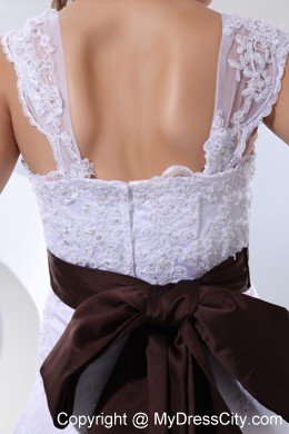 Straps Taffeta and Lace Beading Wedding Dress with Brown Sash