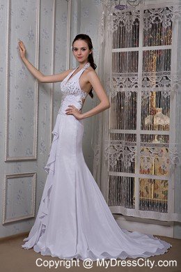 Mermaid Halter Chiffon Beading Wedding Dress with Cutout Back