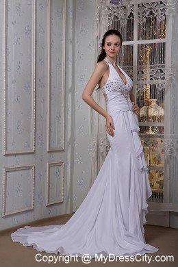 Mermaid Halter Chiffon Beading Wedding Dress with Cutout Back