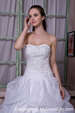 Latest Style Strapless Satin Appliques Count Train Wedding Dresses