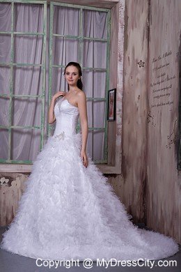 One Shoulder Court Train Tulle Ruffles Layered Wedding Dress