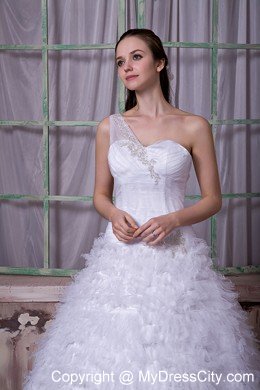 One Shoulder Court Train Tulle Ruffles Layered Wedding Dress