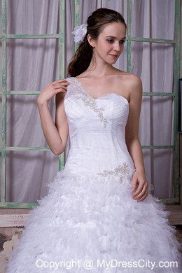 One Shoulder Court Train Tulle Ruffles Layered Wedding Dress