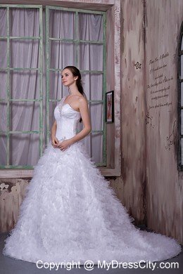 One Shoulder Court Train Tulle Ruffles Layered Wedding Dress