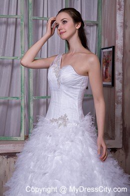 One Shoulder Court Train Tulle Ruffles Layered Wedding Dress