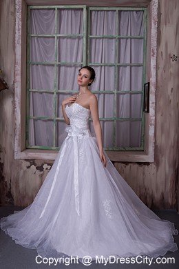 Sweetheart Chapel Train Appliques Bridal Dress with Flower Sash