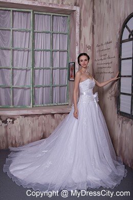 Sweetheart Chapel Train Appliques Bridal Dress with Flower Sash