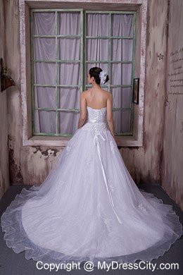 Sweetheart Chapel Train Appliques Bridal Dress with Flower Sash