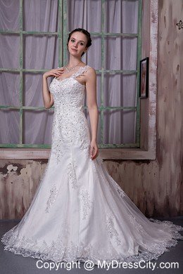 Appliques Court Train Taffeta and Lace Wedding Dress with Straps