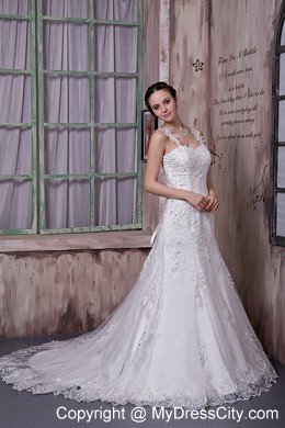 Appliques Court Train Taffeta and Lace Wedding Dress with Straps