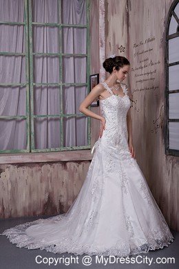 Appliques Court Train Taffeta and Lace Wedding Dress with Straps