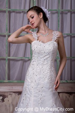 Appliques Court Train Taffeta and Lace Wedding Dress with Straps