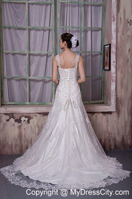 Appliques Court Train Taffeta and Lace Wedding Dress with Straps