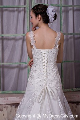 Appliques Court Train Taffeta and Lace Wedding Dress with Straps