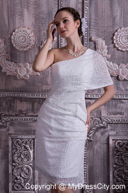 One Short Sleeve Column Knee-length Sequined Wedding Dress