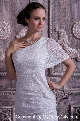 One Short Sleeve Column Knee-length Sequined Wedding Dress