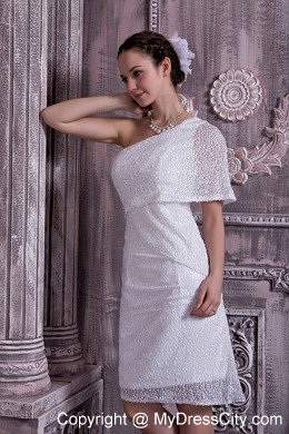 One Short Sleeve Column Knee-length Sequined Wedding Dress