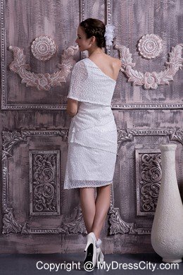 One Short Sleeve Column Knee-length Sequined Wedding Dress