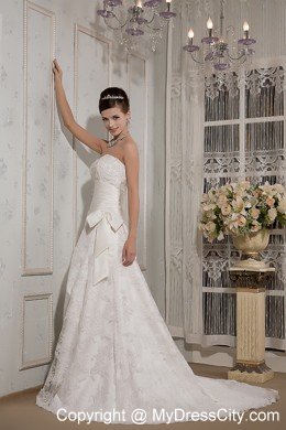 Lace A-line Strapless Court Train Wedding Dress with Bowknot