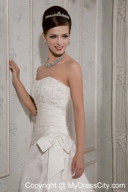 Lace A-line Strapless Court Train Wedding Dress with Bowknot