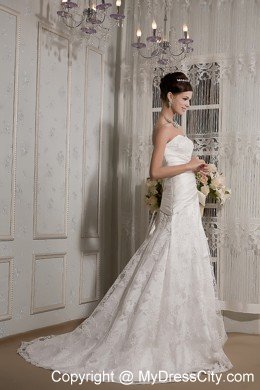 Lace A-line Strapless Court Train Wedding Dress with Bowknot