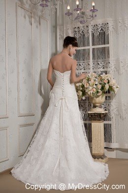 Lace A-line Strapless Court Train Wedding Dress with Bowknot