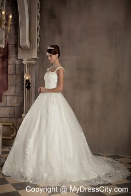 Square Lace Ball Gown Chapel Train Sleeveless Bridal Dresses