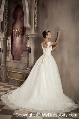 Square Lace Ball Gown Chapel Train Sleeveless Bridal Dresses