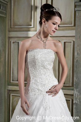 A-line Strapless Chapel Train Lace Dress for Church Wedding