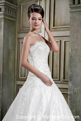 A-line Strapless Chapel Train Lace Dress for Church Wedding