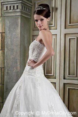 A-line Strapless Chapel Train Lace Dress for Church Wedding