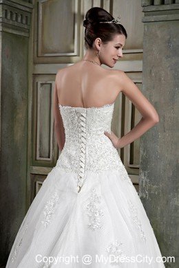 A-line Strapless Chapel Train Lace Dress for Church Wedding