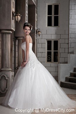 Ball Gown Tulle Lace with Beading Wedding Dress with Court Train