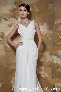 Court Train Beaded Waist Ruching V-neck Chiffon Beach Wedding Dresses