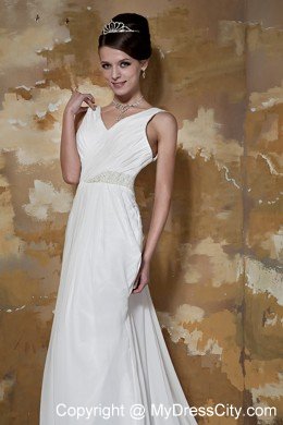 Court Train Beaded Waist Ruching V-neck Chiffon Beach Wedding Dresses