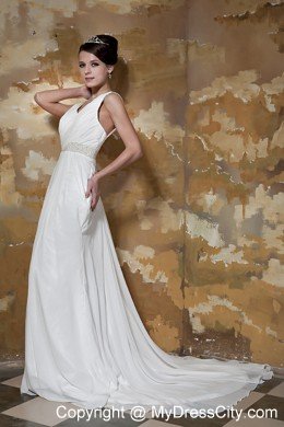 Court Train Beaded Waist Ruching V-neck Chiffon Beach Wedding Dresses