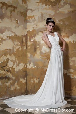 Court Train Beaded Waist Ruching V-neck Chiffon Beach Wedding Dresses