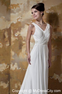 Court Train Beaded Waist Ruching V-neck Chiffon Beach Wedding Dresses