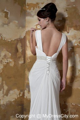 Court Train Beaded Waist Ruching V-neck Chiffon Beach Wedding Dresses