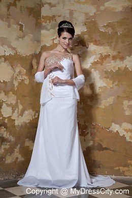 One Shoulder Watteau Train Appliques with Beading for Chiffon Wedding Dress